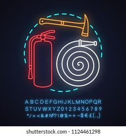 Fire department neon light concept icon. Firefighting idea. Fire extinguisher, hose, axe. Glowing sign with alphabet, numbers and symbols. Vector isolated illustration