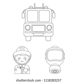 Fire Department outline icons in set collection for design. Firefighters and equipment vector symbol stock web illustration.