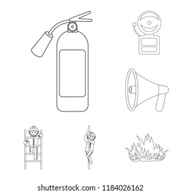 Fire Department outline icons in set collection for design. Firefighters and equipment vector symbol stock web illustration.