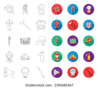Fire Department outline,flat icons in set collection  design. Firefighters and equipment vector symbol stock web illustration.