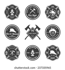 Fire department professional firefighter equipment black emblems set isolated vector illustration