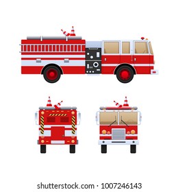 Fire Department. Red truck with white stripes, eliminating fire and fire, help in putting out. The car is a fire truck. Front, side and rear view. Vector illustration in flat style.