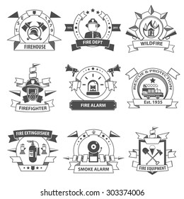 Fire department rescue and protection service black label set isolated vector illustration