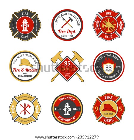 Fire department rescue and protection volunteers and professional firefighter emblems set isolated vector illustration
