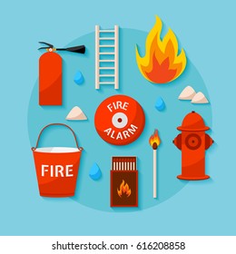 Fire department service flat design icon set. Fire extinguisher, bucket, hydrant and other infographic elements.