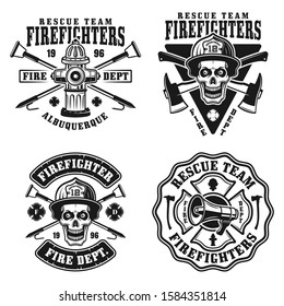 Fire department set of four vector emblems, badges, labels or logos in vintage monochrome style isolated on white background