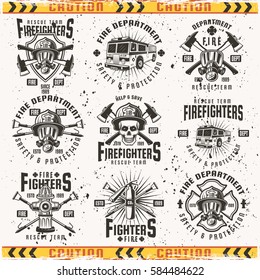 Fire Department Set Of Vector Emblems, Labels, Badges And Logos In Vintage Style Isolated On Background With Grunge Textures On Separate Layer