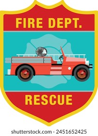 Emblema de parche del escudo del departamento de bomberos con el motor de bomberos