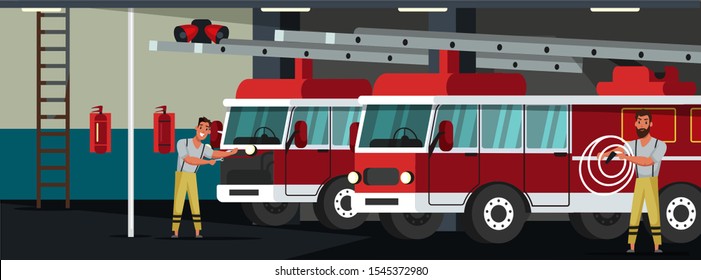 Fire Department Station Flat Vector Illustration. Fireman In Professional Uniform Male Characters. Emergency Service Building Interior. Rescuer, Firefighter Trucks Indoor Composition