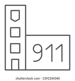 Fire department thin line icon, building and office, fire station sign, vector graphics, a linear pattern on a white background, eps 10.