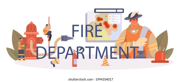 Fire department typographic header. Professional fire brigade fighting with flame. Character holding a hydrant hose, watering wildfire or house fire. Flat vector illustration