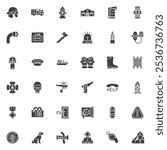 Fire department vector icons set, modern solid symbol collection, filled style pictogram pack. Signs, logo illustration. Set includes icons as firefighter, fire truck, hydrant, extinguisher, uniform