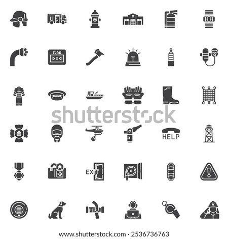 Fire department vector icons set, modern solid symbol collection, filled style pictogram pack. Signs, logo illustration. Set includes icons as firefighter, fire truck, hydrant, extinguisher, uniform