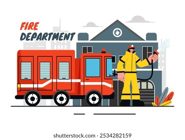 Ilustração vetorial do Corpo de Bombeiros com Bombeiros Extintando incêndios em casas e resgatando pessoas em várias situações com um plano de fundo