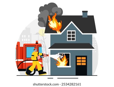 Ilustração vetorial do Corpo de Bombeiros com Bombeiros Extintando incêndios em casas e resgatando pessoas em várias situações com um plano de fundo