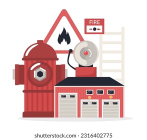 Fire department work concept. Safety and disaster prevention. Hydrant, fire extinguisher and danger sign, fire brigade call button and building. Urban landscape. Cartoon flat vector illustration