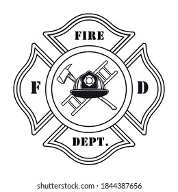 Fire dept emblem with helmet vector illustration. Ax, ladder, heraldry and ribbon. Rescue concept for firefighting or fire department badge template