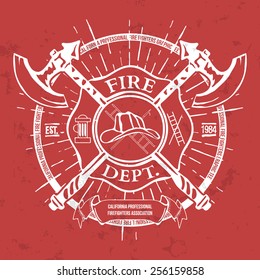 Fire Dept. Label. Helmet with Crossed Axes T-shirt Graphics. Vector Illustration