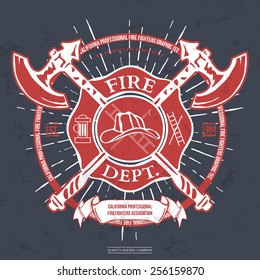 Fire Dept. Label. Helmet with Crossed Axes T-shirt Graphics. Vector Illustration