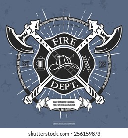 Fire Dept. Label. Helmet with Crossed Axes T-shirt Graphics. Vector Illustration