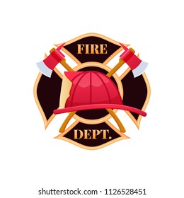 Fire Dept Logo Icon. Plastic Red Fire Helmet With Protective Glass. Helmet Firefighter Service Officer, The Concept Of Eliminating And Fighting Fire And Smoke. Vector Illustration Isolated.