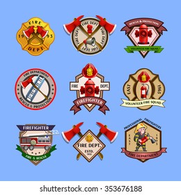 Fire dept quality labels emblems and firefighters department equipment markers colorful pictograms collection abstract isolated vector illustration