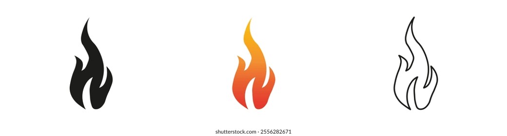 Fire design elements in black, orange, and outline styles. Fire icon vector set. Flame icon collection. Fire flame symbol. Black, gradient, line set