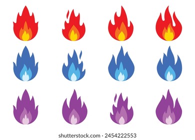 Fire design icon set, simple with red, blue and purple colors suitable to complement your graphics.