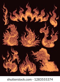 Fire. Design set. Hand drawn engraving. Editable vector vintage illustration. Isolated on dark background. 8 EPS 