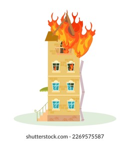 Fire. The destroyed building is on fire. Ruined city buildings after the war. Damaged city with old broken dilapidated housing. Vector illustration isolated on white background.
