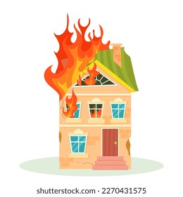 Fire. The destroyed building is on fire. Ruined city buildings after the war. Damaged city with old broken dilapidated housing. Vector illustration isolated on white background.