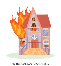 Fire. The destroyed building is on fire. Ruined city buildings after the war. Damaged city with old broken dilapidated housing. Vector illustration isolated on white background.