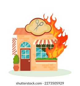 Fuego. El edificio destruido está en llamas. Edificios de la ciudad arruinados después de la guerra. Ciudad dañada con viviendas deterioradas. Ilustración vectorial aislada en fondo blanco.