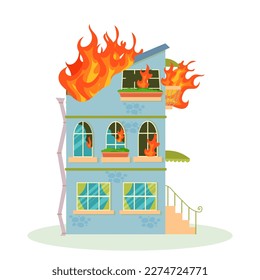 Fire. The destroyed building is on fire. Ruined city buildings after the war. Damaged city with old broken dilapidated housing. Vector illustration isolated on white background.