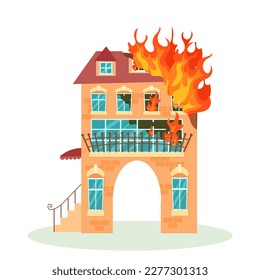 Fuego. El edificio destruido está en llamas. Edificios de la ciudad arruinados después de la guerra. Ciudad dañada con viviendas deterioradas. Ilustración vectorial aislada en fondo blanco.