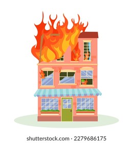 Fire. The destroyed building is on fire. Ruined city buildings after the war. Damaged city with old broken dilapidated housing. Vector illustration isolated on white background.