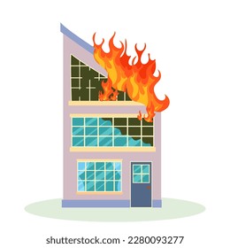 Fire. The destroyed building is on fire. Ruined city buildings after the war. Damaged city with old broken dilapidated housing. Vector illustration isolated on white background.