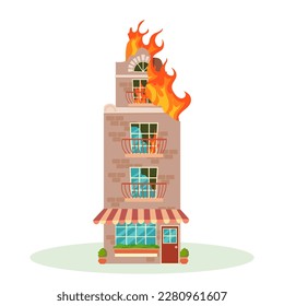 Fuego. El edificio destruido está en llamas. Edificios de la ciudad arruinados después de la guerra. Ciudad dañada con viviendas deterioradas. Ilustración vectorial aislada en fondo blanco.