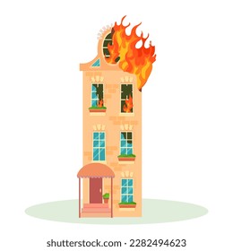 Fuego. El edificio destruido está en llamas. Edificios de la ciudad arruinados después de la guerra. Ciudad dañada con viviendas deterioradas. Ilustración vectorial aislada en fondo blanco.