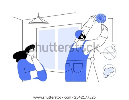 Fire detection sensor isolated cartoon vector illustrations. Worker installs fire alarm system to clients apartment, house modern technology, home smoke detector, emergency help vector cartoon.