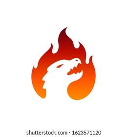 fire and dinosaur logo design, simple mascot logo, angry animal vector icon illustration, gaming and sport symbol, flame with monster silhouette