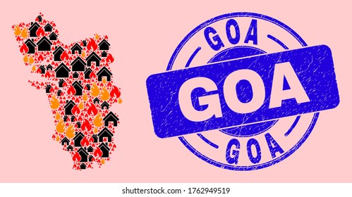 Desastre de incendios y edificios colocan el mapa del estado de Goa y el sello arañado de Goa. Colección de vectores El mapa del estado de Goa se forma desde ciudades dispersas en llamas.