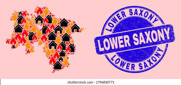 Fire disaster and buildings composition Lower Saxony Land map and Lower Saxony textured watermark. Vector collage Lower Saxony Land map is designed from random burning towns.
