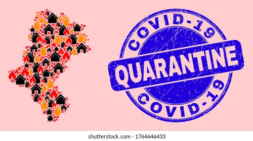Fire disaster and buildings composition Silesian Voivodeship map and Covid-19 Quarantine corroded watermark. Vector collage Silesian Voivodeship map is formed of scattered burning villages.