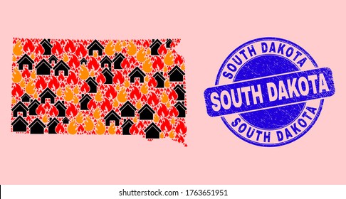 Fire disaster and buildings composition South Dakota State map and South Dakota dirty stamp seal. Vector collage South Dakota State map is composed of scattered burning homes.