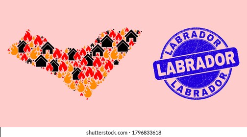 Fire disaster and buildings mosaic Alagoas State map and Labrador dirty stamp. Vector mosaic Alagoas State map is organized of scattered burning homes.