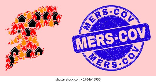Fire disaster and buildings mosaic Pontevedra Province map and Mers-Cov corroded stamp imitation. Vector collage Pontevedra Province map is designed from randomized burning villages.