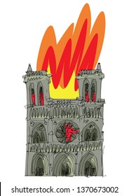 Fire disaster of famous Paris gothic cathedral Noter Dame. Caricature. Drawing.