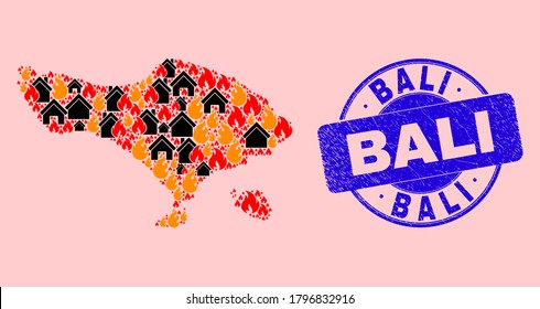 Brandkatastrophe und Häuser sammeln Bali Karte und Bali unlean Briefmarkenimitierung. Die Bali-Karte der Vektorgrafik wird mit verstreuten brennenden Häusern erstellt. Bali-Kartencollage wird für Aufstandszwecke erstellt.