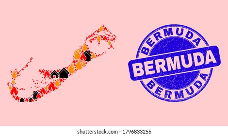Catástrofe de incendios y hogares collage de mapa de las islas Bermudas y estampado sucio de Bermudas. El mapa de las islas Bermudas con mosaico vectorial se compone de aldeas quemadas al azar.